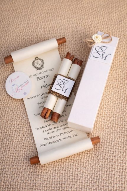 покана с канела, покана за злтна сватба, покани за кръщене