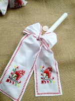 кръщене в народен стил, кръщелен комплект с шевици, свещ за кръщене с шевици