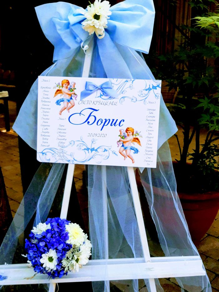 декорация за кръщене, бяло и синьо ресторант,