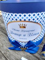 кръщене близнаци, кръщелен комплект с корона, декорация с корона, синьо и златно