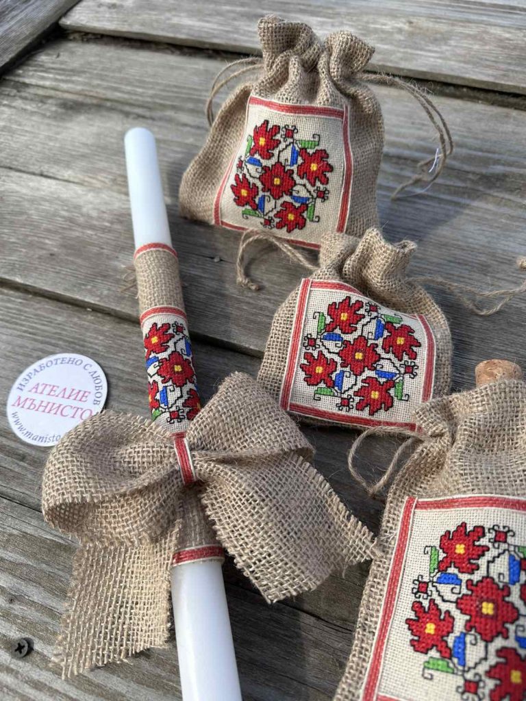 комплети за кръщене с шевици, кръщелна свещ с шевици, комплект за църкавта
