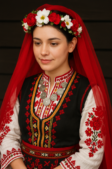 венец за носия, венец в бяло и червено, венец от цветя, сватбен венец