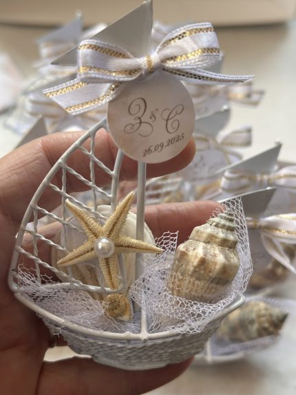 морски звезди, лодка с декорация, сувенири за сватба, морска декорация, с имена и дата