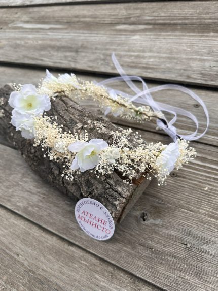 булченски венец, венец за кръщене, венец за шаферки, бели цветя, естествени цветя