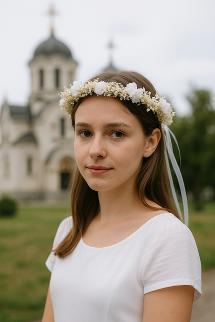 венец за шефарка, шаферски венчета, бели цветя, за кръщене, за момиче