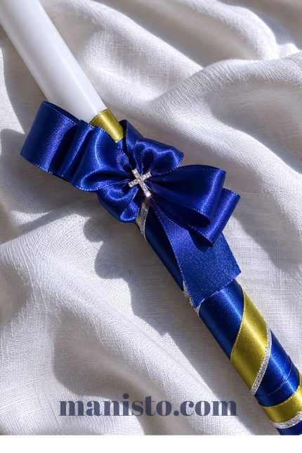 кръщелна свещ със кръстче, сребърно кръстче, крлско синьо , свещ за кръщене