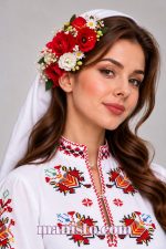 цветя за носия, диадема с цветя асиметрична с бели и червени цветя, женска носия